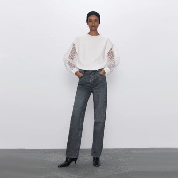 EUC Zara white sweatshirt top w/ sheer floral print sleeves, XS - Picture 7 of 16